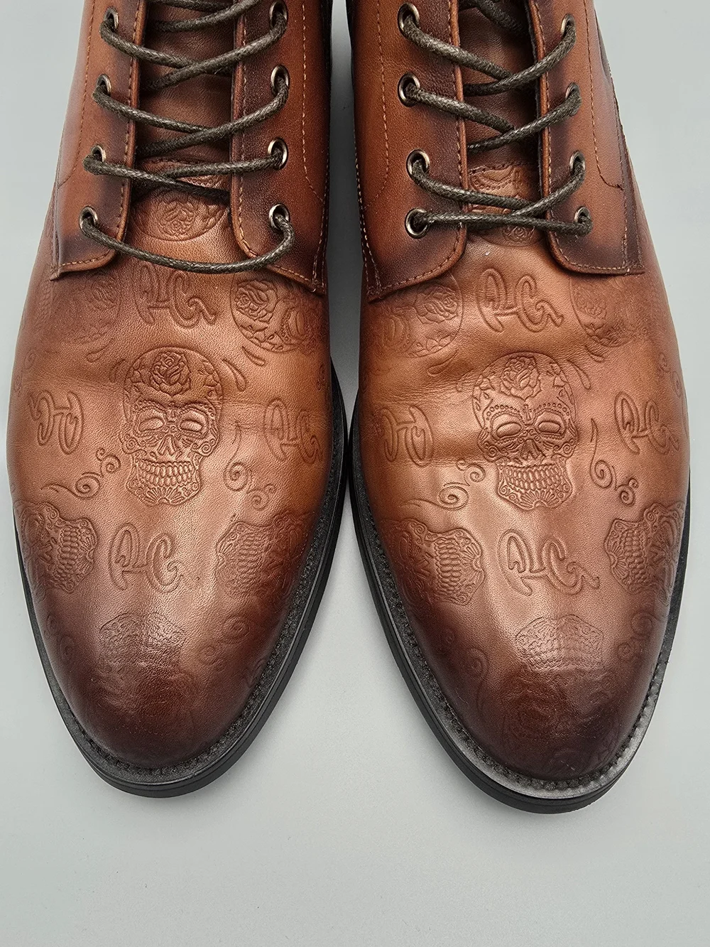 Men's Brown Leather Embossed Lace-Up Boots